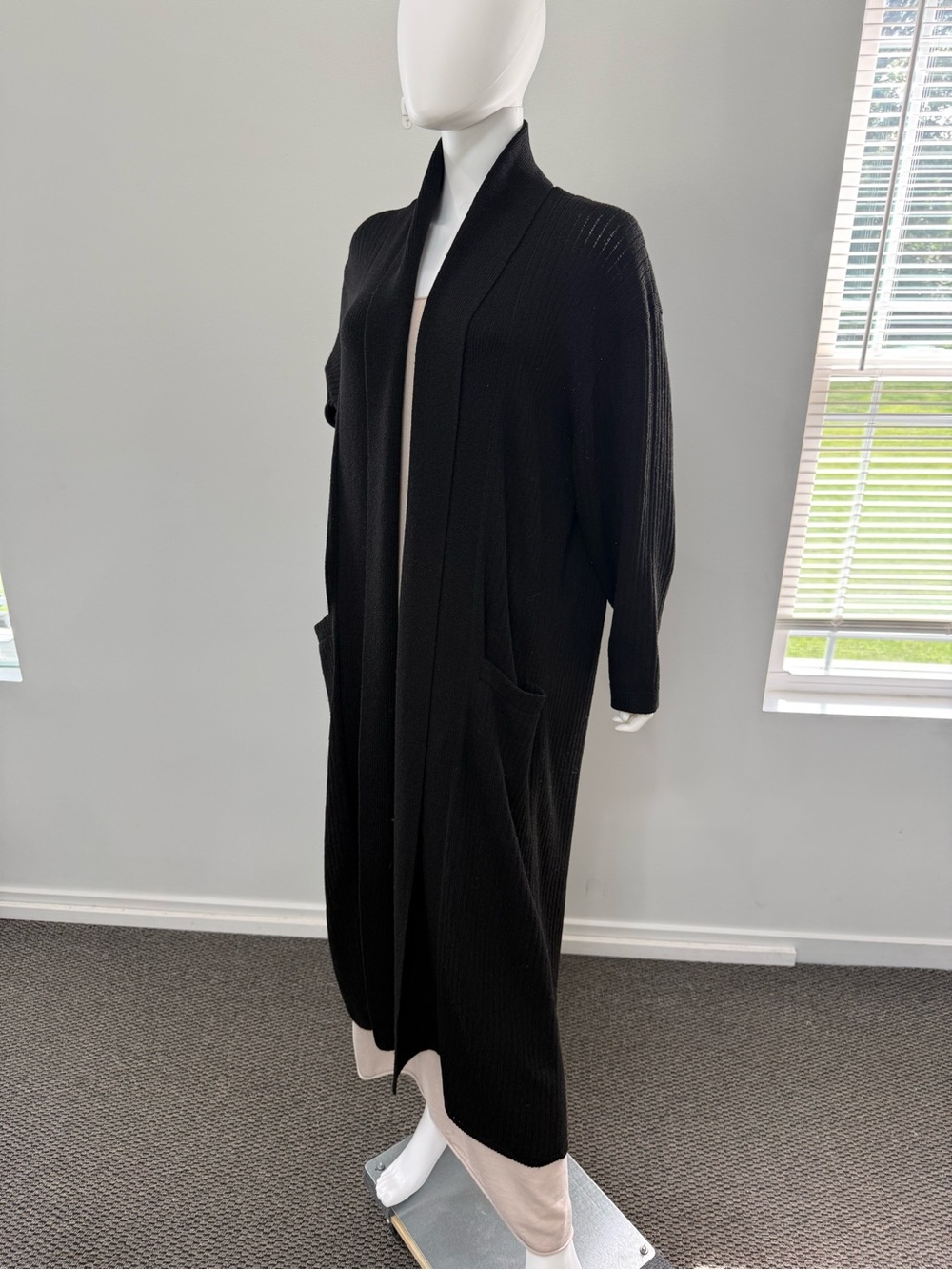 Luxury Wool Black Ribbed Open-Front Longline Cardigan Universal Size - Picture 3 of 15